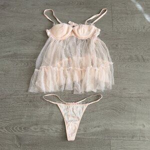Victoria’s Secret Sexy Little Things Sheer Babydoll Lingerie Set Ivory S/M 34B